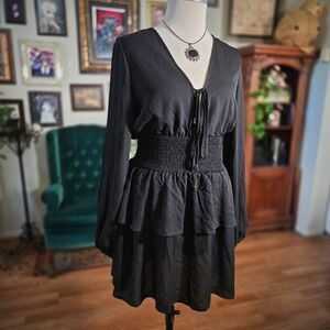 NWT Revamped Black Tie Front Smocked Waist Boho Tiered Ruffle Mini Dress